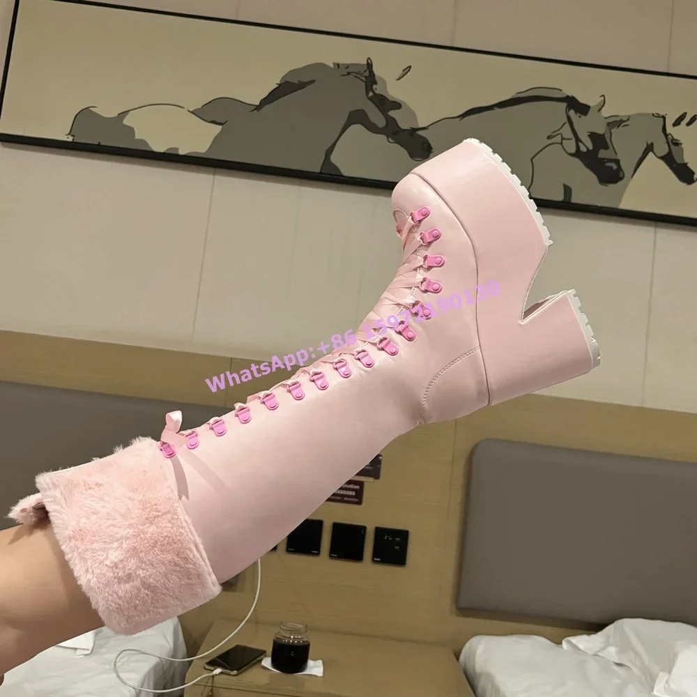 Ribbon Tie Heel - Розовые пушистые сапоги на толстой подошве